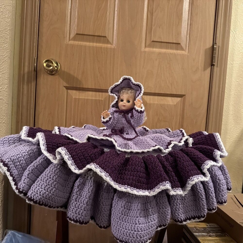 Large Dress Vintage 50's/ 60's Hand Crocheted Purple/White Bed Doll.  Beautiful!